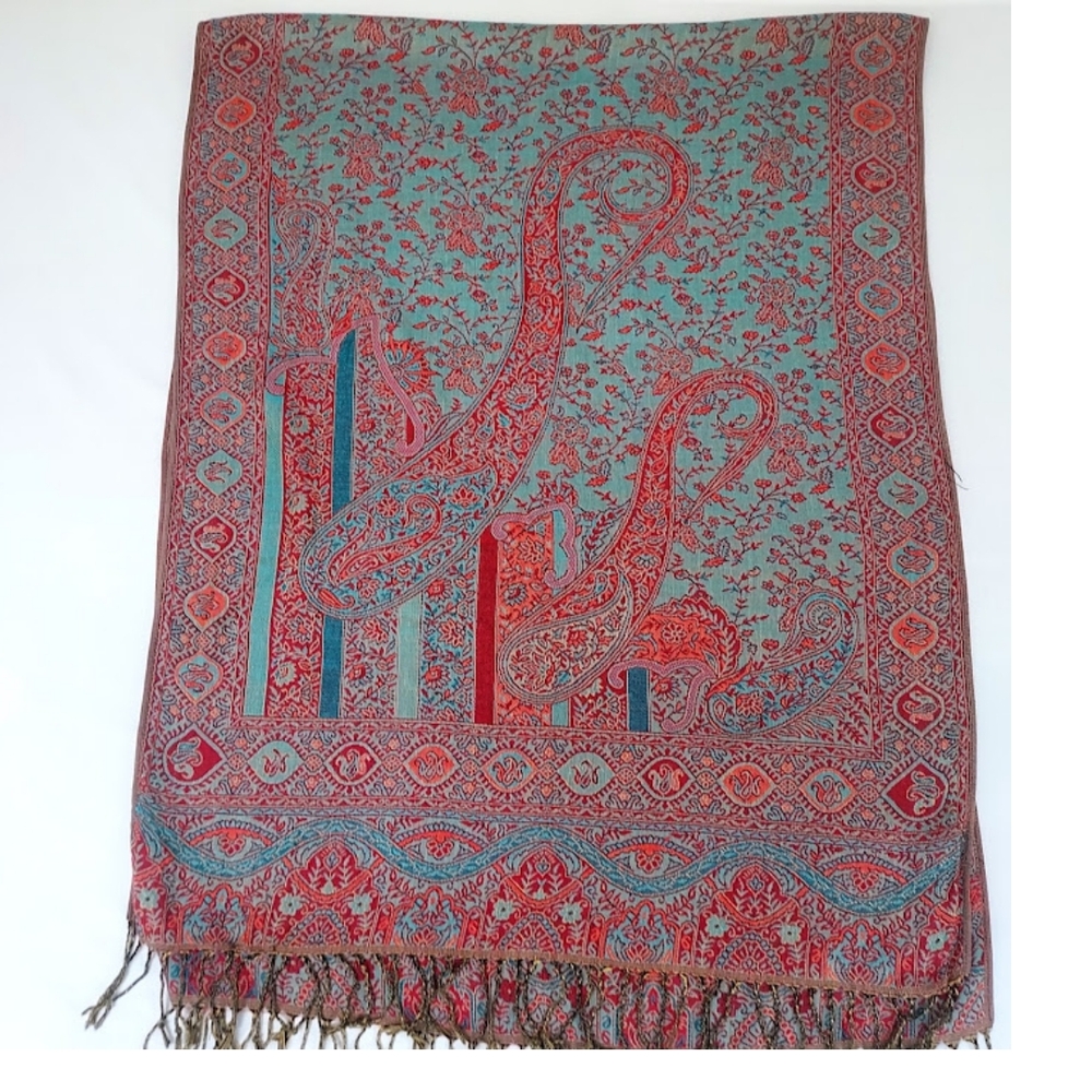 Pashmina Cashmere Teal and Red Paisley Fringe Shawl Head Scarf Hijab